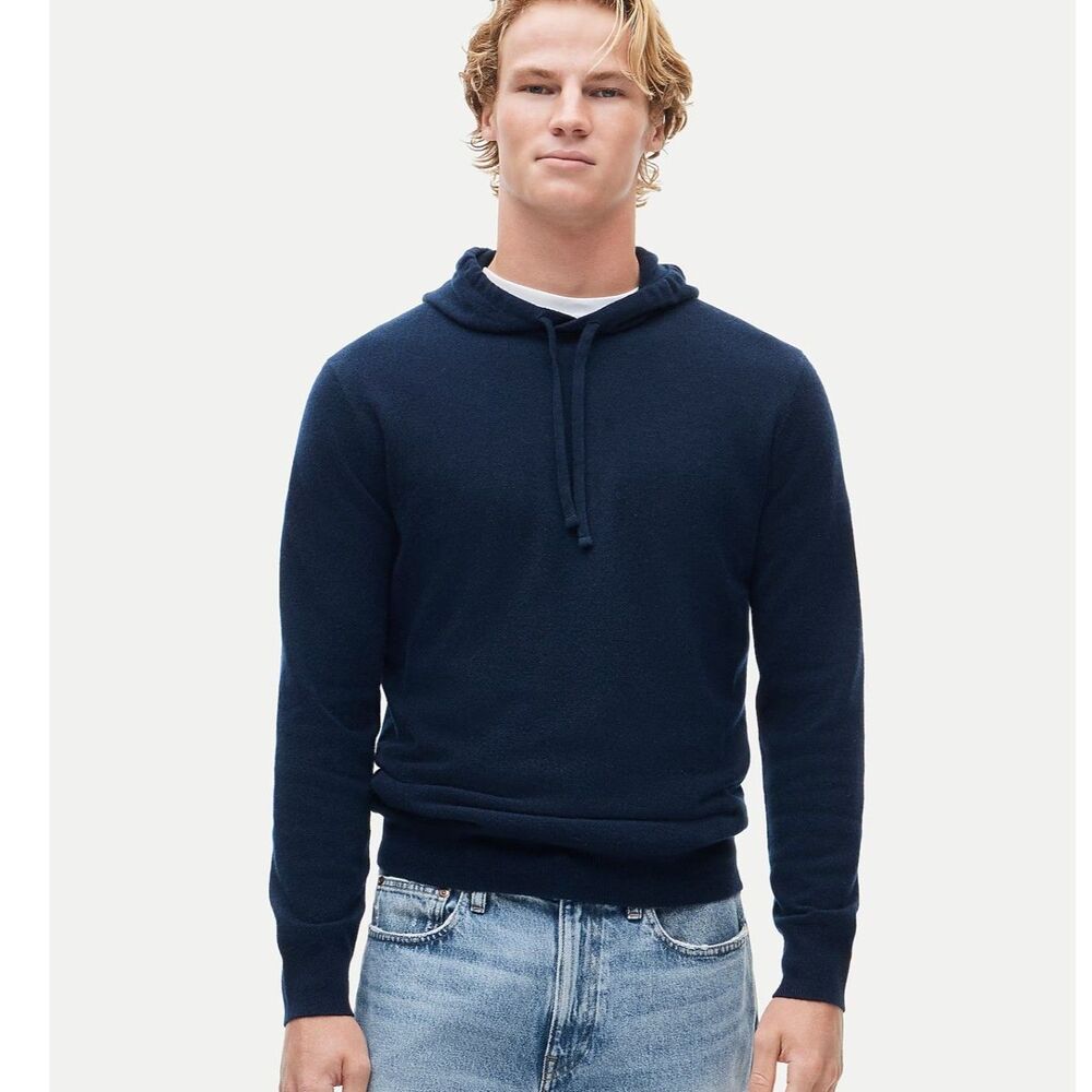 J.Crew 100% Cashmere Hoodie Men's XL Navy Blue Knit Pullover Sweater BC474 NWOT